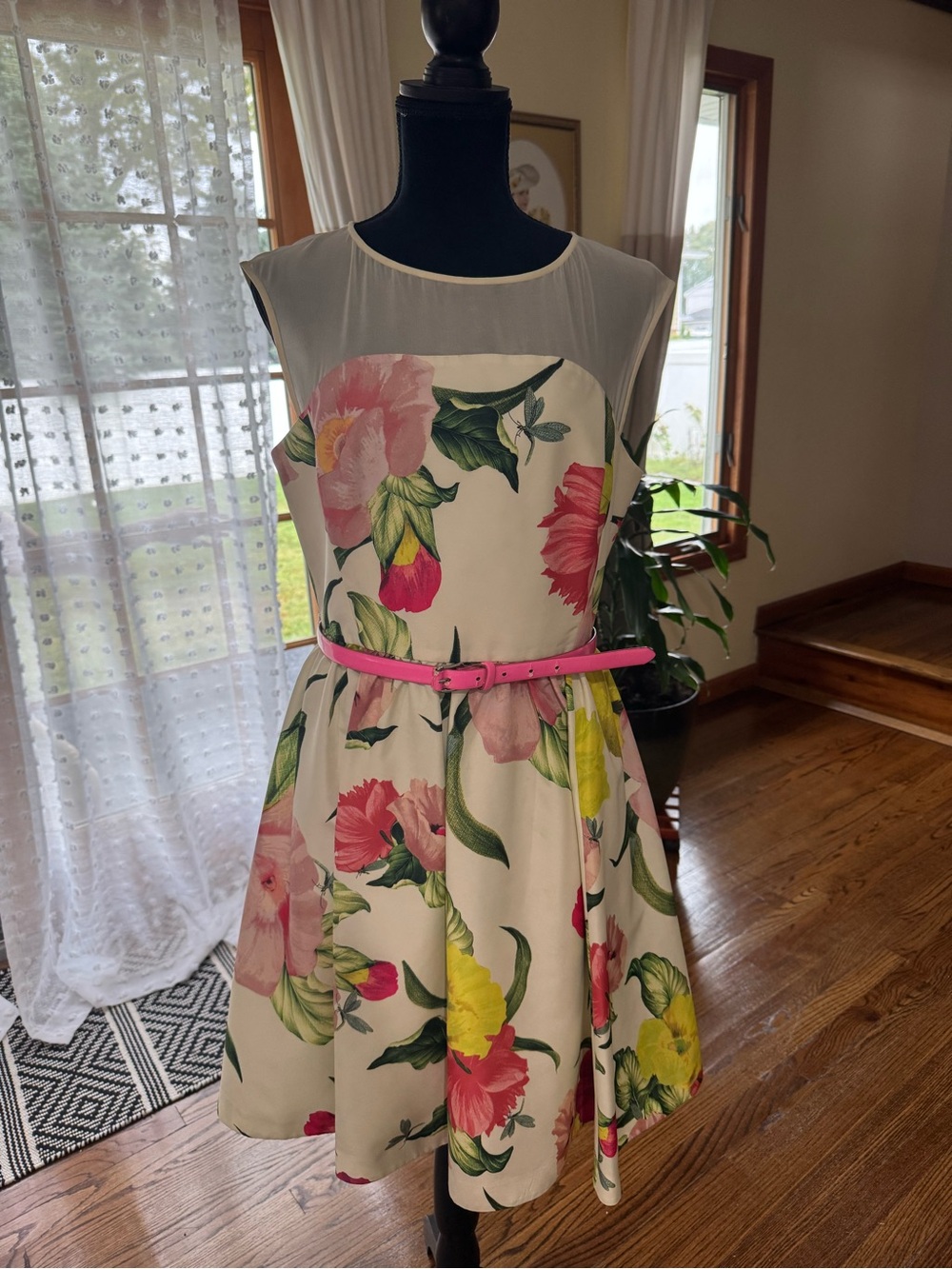 Ted Baker Cream Floral Fit-and-Flare Midi Dress .